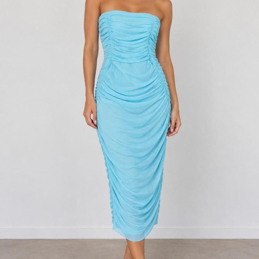 Haute Monde Light Blue Strapless Ruched Midi Dress – Size 4